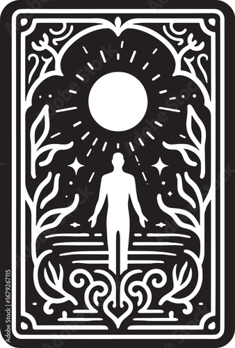 Mystical Tarot Card Illustration Featuring a Silhouette of a Person and the Sun Symbolism
