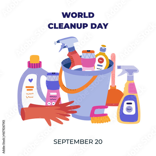 Square banner for World Cleanup Day with trendy bright housekeeping and cleansing supplies in bucket . Minimalistic holiday poster, with concept illustration, template for website, media.