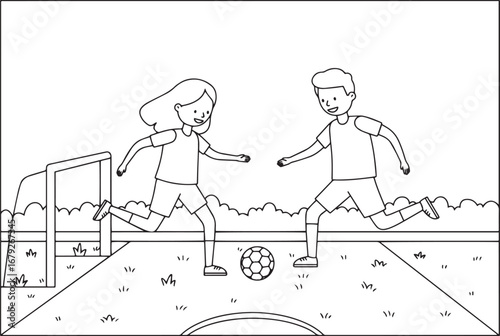 A joyous sporting scene with a boy and a girl playing soccer on