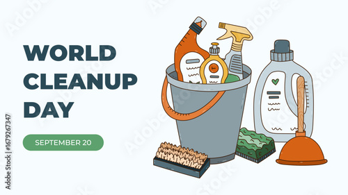 Horizontal minimalistic banner for World Cleanup Day with household tools, detergent bottles in bucket. Simple holiday concept illustration with outline in warm colors for poster, website, media.