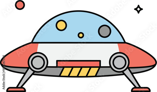 A cartoon illustration of a flying saucer with a blue dome and red wings in space on transparent background