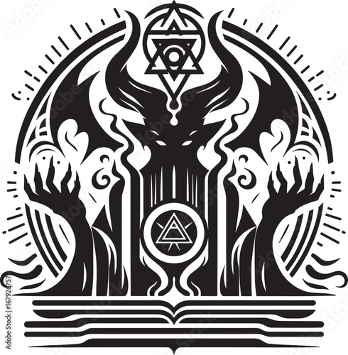Intricate black and white illustration depicting a gothic demon with occult symbolism