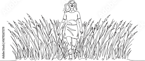 Whimsical joy a single line drawing of a carefree woman walking
