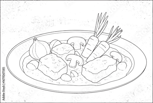 Intricate line drawing of beef bourguignon with charming rural l