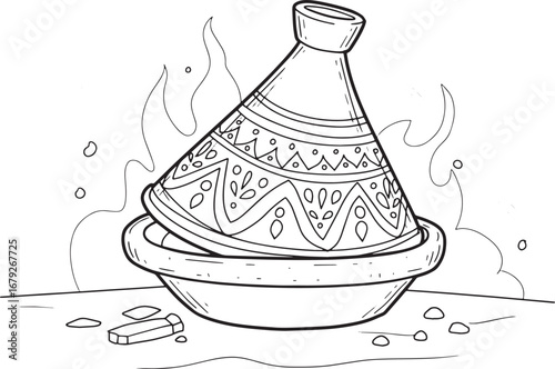 Stylized traditional moroccan tagine pot with steam, culinary de