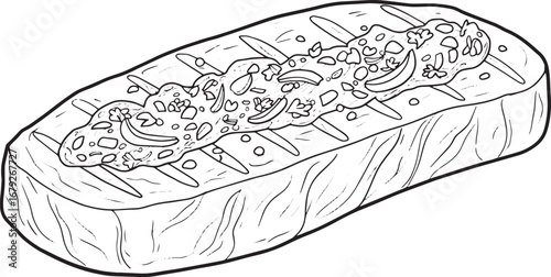Elegant line art illustration of grilled steak topped with chimi