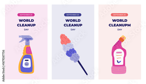 Vertical trendy set of stories for World Cleanup Day with colorful sanitation and clean up clipart. Holiday banner with toilet disinfectant gel, feather duster, spray bottle for social media design.