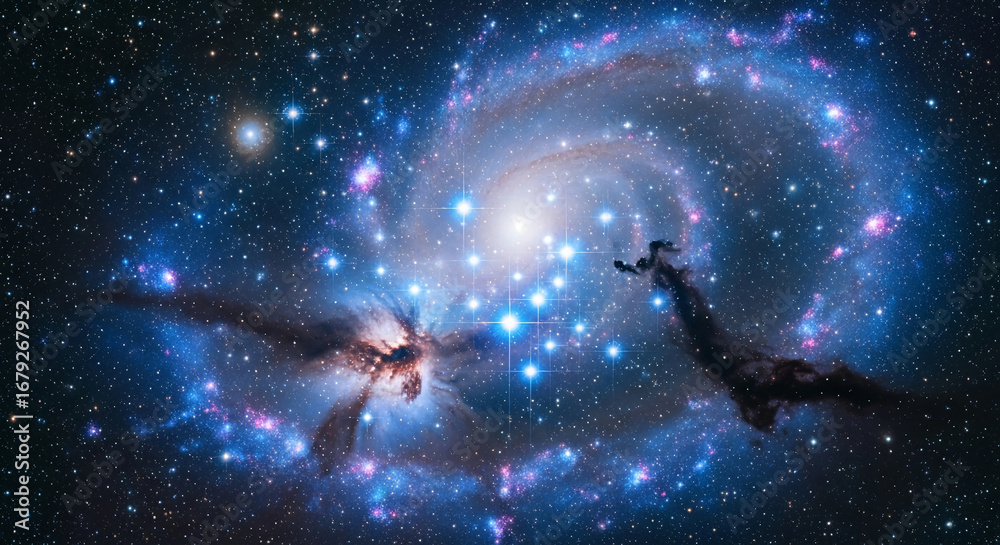 Obraz premium Cosmic nebula image, swirling blue and purple gases, bright stars, representing vastness, mystery, and the beauty of space exploration, ideal for science or astronomy themes