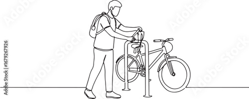 Man securing his bicycle to a rack with minimalist line drawing