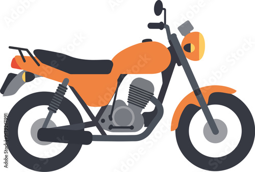 An orange motorcycle with black seat and tires on transparent background