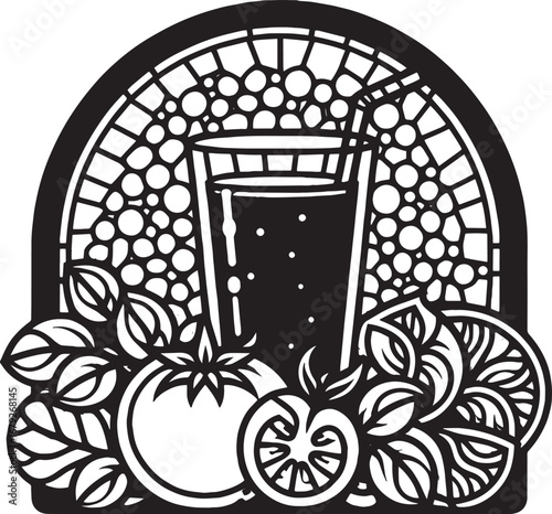 Black and white illustration of a refreshing tomato juice drink with healthy ingredients and leaves