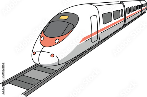 A white and orange bullet train on tracks moving quickly on transparent background