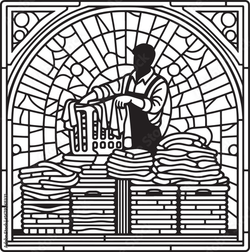 Vintage-style illustration of a laundry worker, stained glass effect, sorting clothes, black and