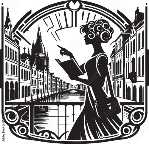 Silhouette of a Woman Exploring Cityscape with Book and Bag in Black and White Illustration