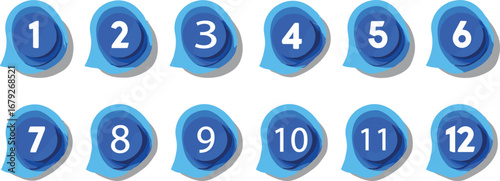 Blue number icons vector set, 1 to 12 buttons, modern infographic elements, flat numeric design, step-by-step guide symbols, user interface graphics