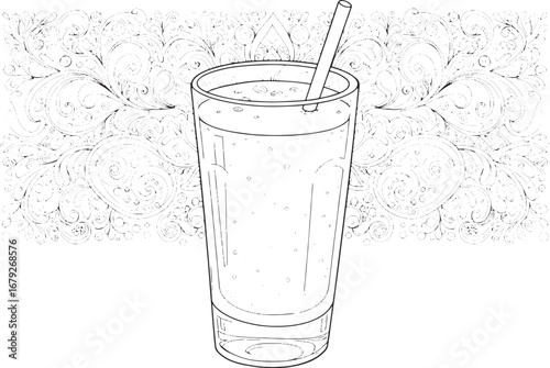 Intricate coloring page featuring a refreshing glass of lassi wi
