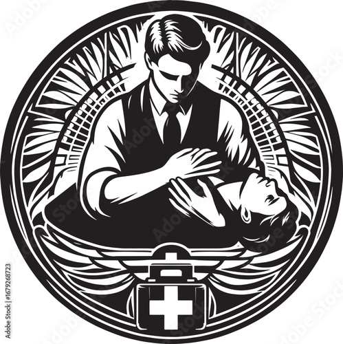First Aid Symbol Depicting a Person Administering CPR in a Decorative Circular Emblem
