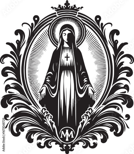 Elegant Black and White Illustration of the Virgin Mary with Ornate Decorative Frame Design