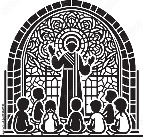 A stylized illustration of a teacher or religious figure with a group of children in a church