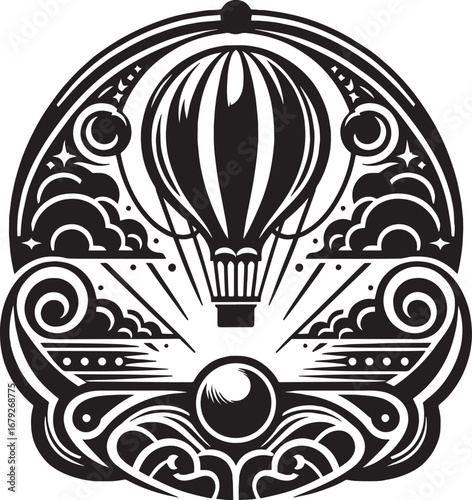 Elegant Black and White Hot Air Balloon Design Within an Ornate Circular Frame