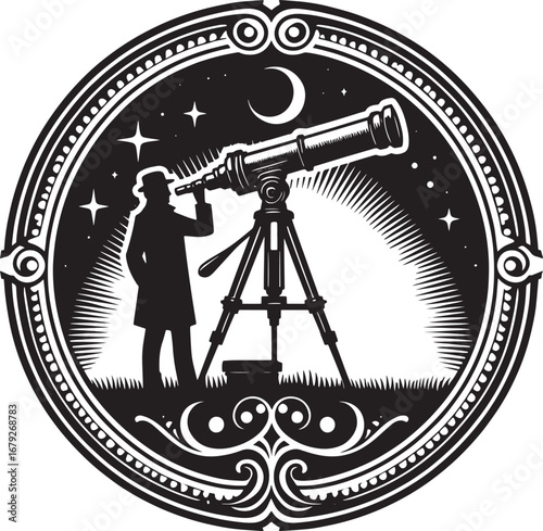 Vintage Illustration of an Astronomer Observing the Night Sky with a Telescope in a Circular Frame