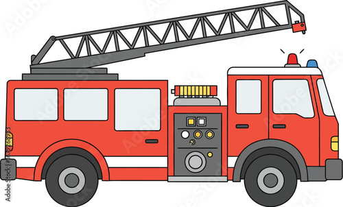 Fire truck with ladder extended on top for rescue operations and firefighting on transparent background