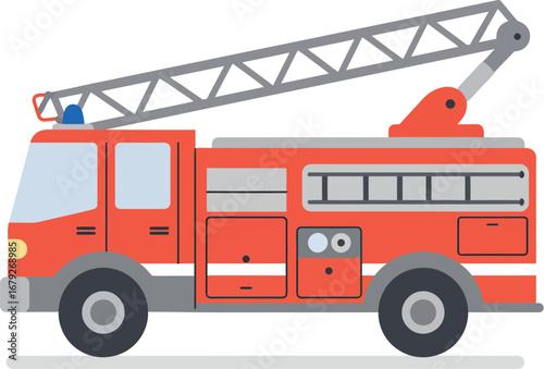 Fire truck with ladder extended on white background for emergency services on transparent background