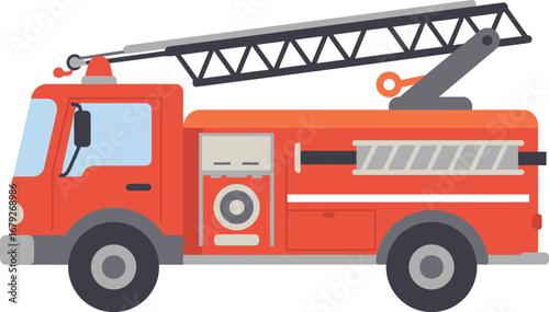 Fire truck with ladder on top for rescue operations and firefighting on transparent background