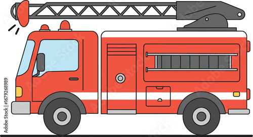 Fire truck with ladder on top in red color on transparent background