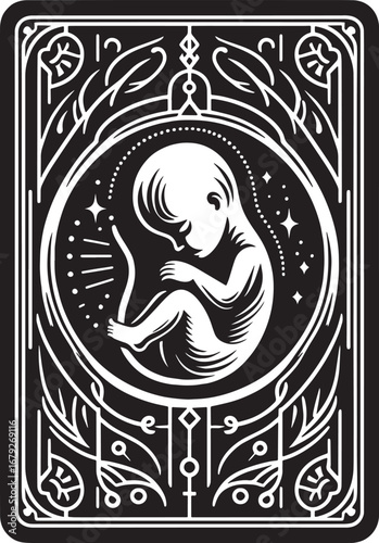 Artistic Illustration of Fetus in Utero within an Ornate Frame, Conceptual Design