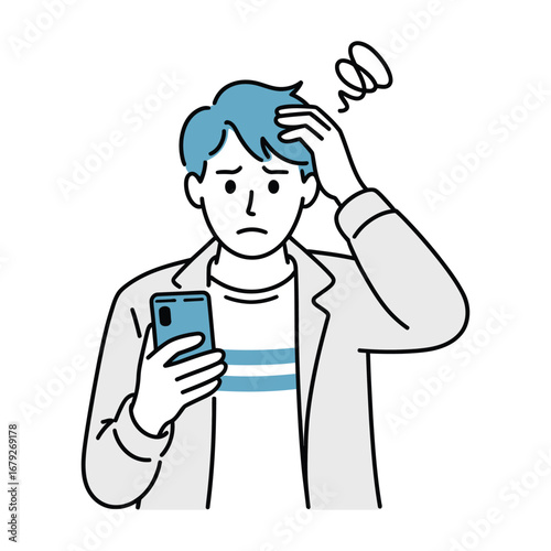 Simple vector illustration of a young man in casual clothes holding his head and smartphone, expressing frustration or stress with technology in a clean, modern, minimalist design style.