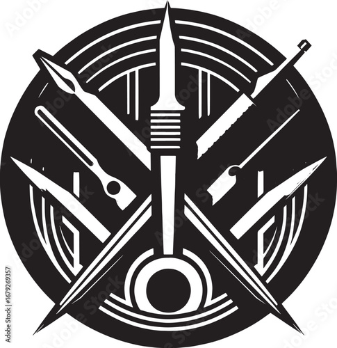 Black and White Illustration of Various Tools Arranged Within a Circular Design, Artistic