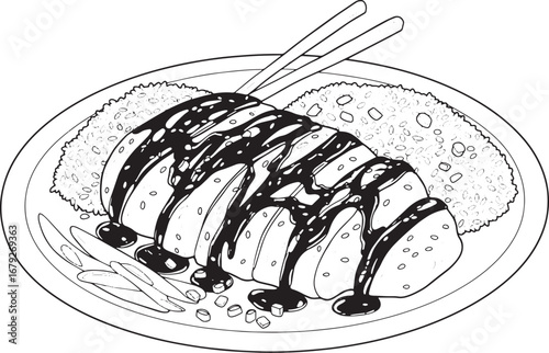 Detailed line art illustration of teriyaki chicken with rice and