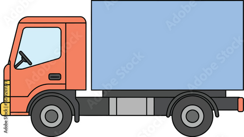 A large orange truck with a blank blue trailer on transparent background