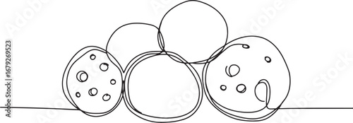 Minimalist continuous line art of cheese balls snack on a plain