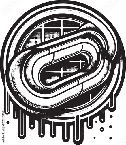 Unique black and white art illustration of a chain link inside a circular design