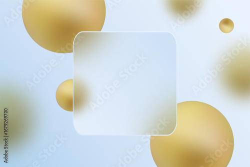 Abstract background with 3D golden spheres and a transparent frame in glass morphism style. Eps 10