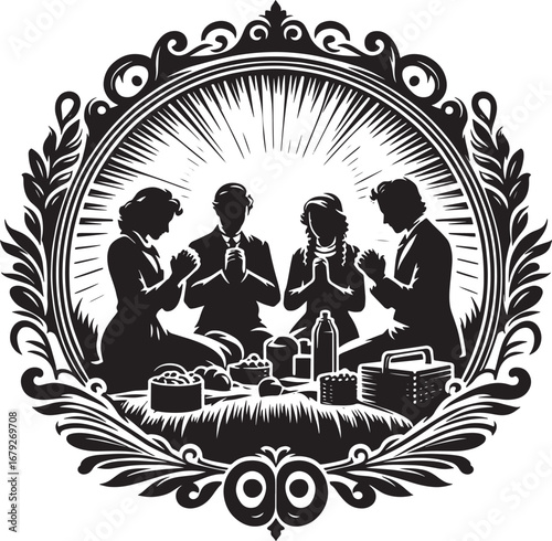 Family Prayer and Thanksgiving: Silhouette Illustration within an Ornate Decorative Frame