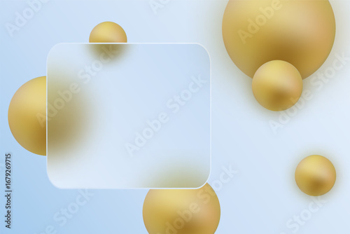 Modern design with a glass morphism effect on a light blue background with golden spheres. Eps 10