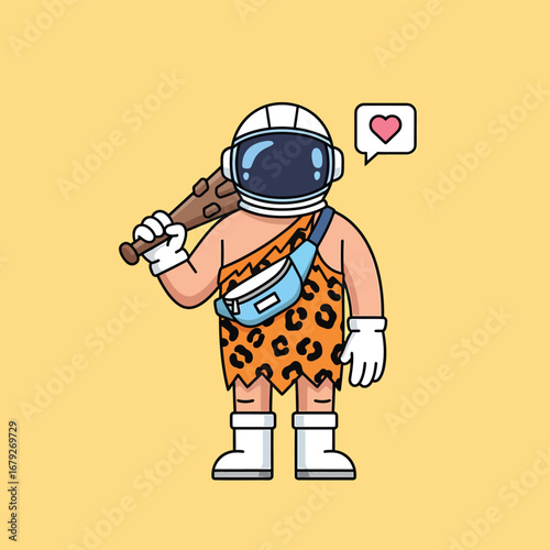 Astronaut caveman with club and fanny pack loves new journey