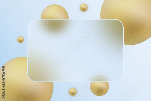 Modern design with a glass morphism effect on a light blue background with golden spheres. Eps 10