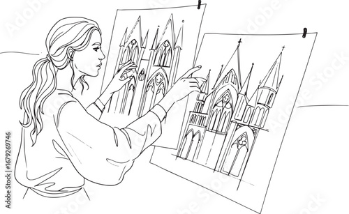 Architectural journey woman meticulously reviewing blueprint ske