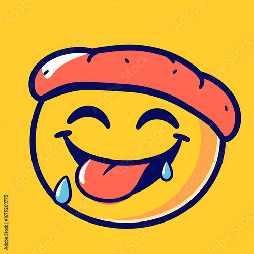 Yummy smiley emoticon with tongue lick mouth. Tasty food eating emoji face. Delicious cartoon with saliva drops on yellow background. Smiley face line design. Savory gourmet. Yummy vector
