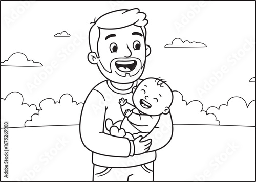 Illustration of a father lovingly cradling his happy baby in an