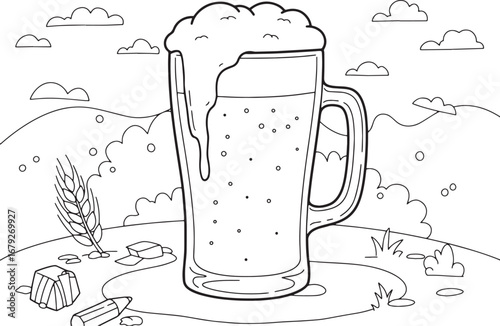 Whimsical beer sketch with countryside landscape and artistic el