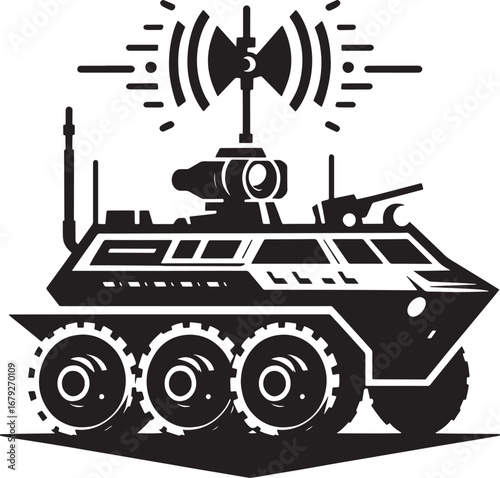 Illustration of a military armored vehicle with communication antennas transmitting signals