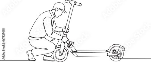 Continuous line drawing of a mechanic repairing electric scooter
