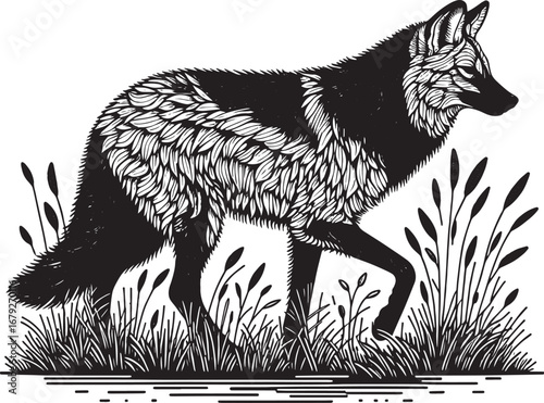 Black and White Artistic Illustration of a Fox Walking Through Grass and Reeds