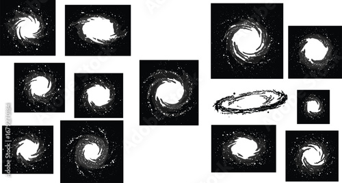 Abstract black galaxy swirl, space vortex design, cosmic spiral shapes, starry night background, artistic nebula patterns, digital universe art elements