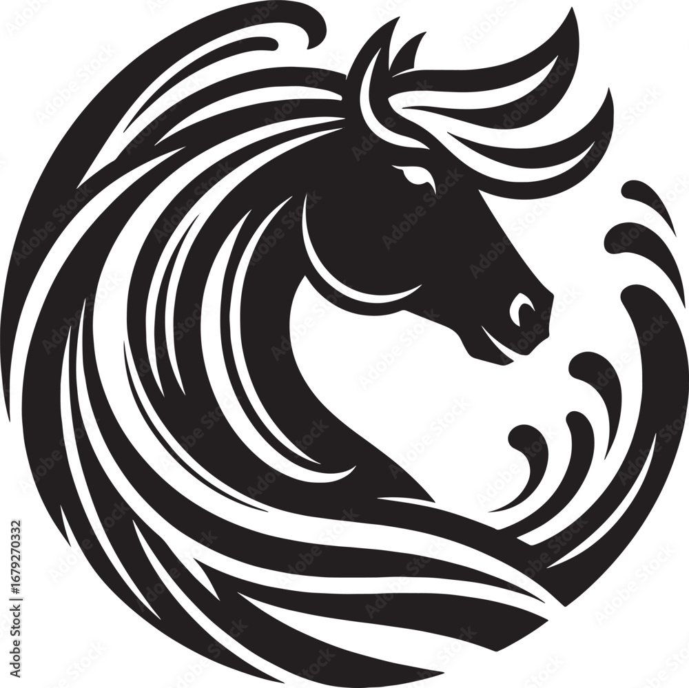 Obraz premium Elegant Black and White Horse Head Logo with Flowing Mane and Swirling Circular Design